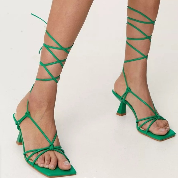 Nasty Gal Shoes - Nasty Gal Green Skinny Strap Square Toe Ankle Tie Midi Heels